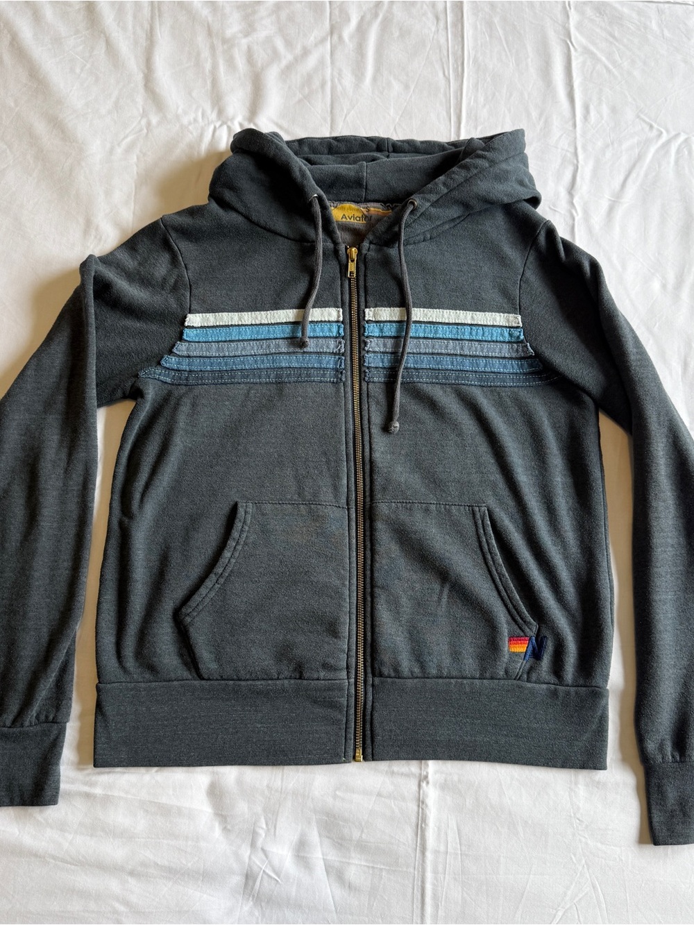 AVIATOR NATION 5 Stripe Zip-Up Hoodie Charcoal SIZE S - Picture 4 of 9